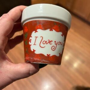 Tiny Vintage Red and White 'I Love You' Ceramic Pot